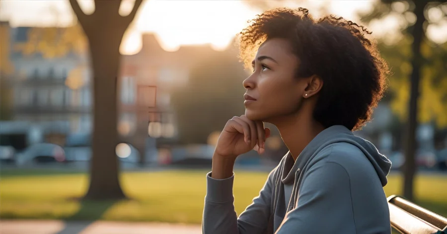 emotional woman sitting in a park